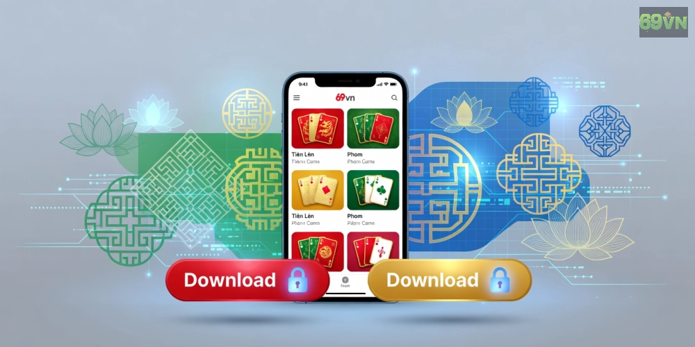 Minh họa giao diện tải game bài 69vn với các trò chơi phổ biến và nút đăng ký nổi bật