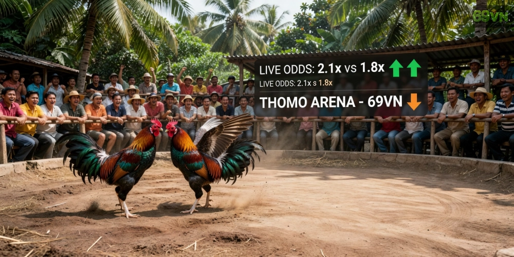 Hình ảnh trường gà Thomo với các trận đấu sôi động qua nền tảng 69vn, tập trung vào không khí cá cược hấp dẫn